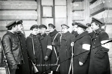 A group of students acting as militiamen, St Petersburg, 1917